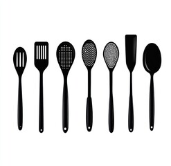 Eight black kitchen utensils, various types