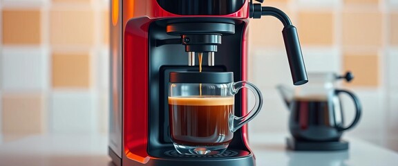 Sleek modern smart coffee maker brewing coffee,  minimalist design,  home automation