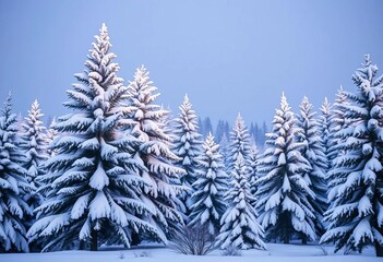 Fototapeta premium Snow-laden fir and pine trees in a winter wonderland landscape, scene, woods