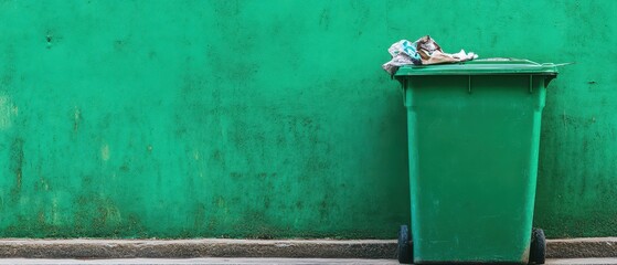 Green trash bin against vibrant green wall