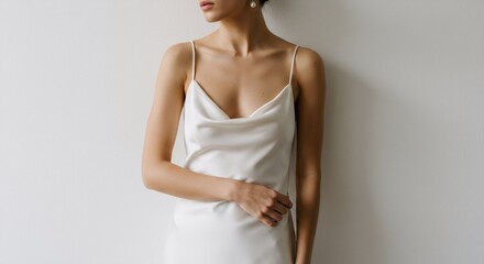 Fototapeta premium Woman wearing elegant white silk slip dress with thin straps and pearl earrings. Minimalist bridal fashion concept for wedding celebration.