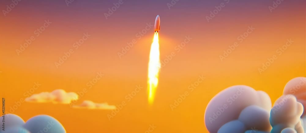 Poster rocket launch into vibrant sky with fiery trail and dynamic propulsion animation