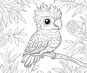 Obraz premium Cute parrot sketch in black and white. Floral background