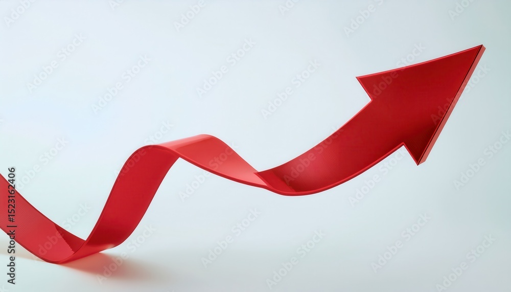 Aufkleber dynamic red ribbon arrow with glossy 3d curvature rising diagonally on light background for growth concept, data trend visual, branding element, or modern infographic design

