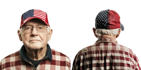 Elderly Man with Patriotic Mood Wearing American Flag Cap and Plaid Shirt, Front and Back View, Isolated Background