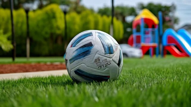 Soccer ball sitting on manicured lawn in a backyard with playground equipment in the background for recreational play and childhood activities.