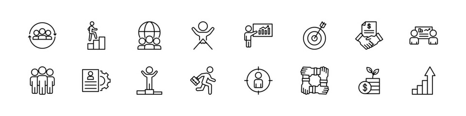 Business icons. Isolated business line icon set. Office manager process sign. Businessman leader work sign set.
