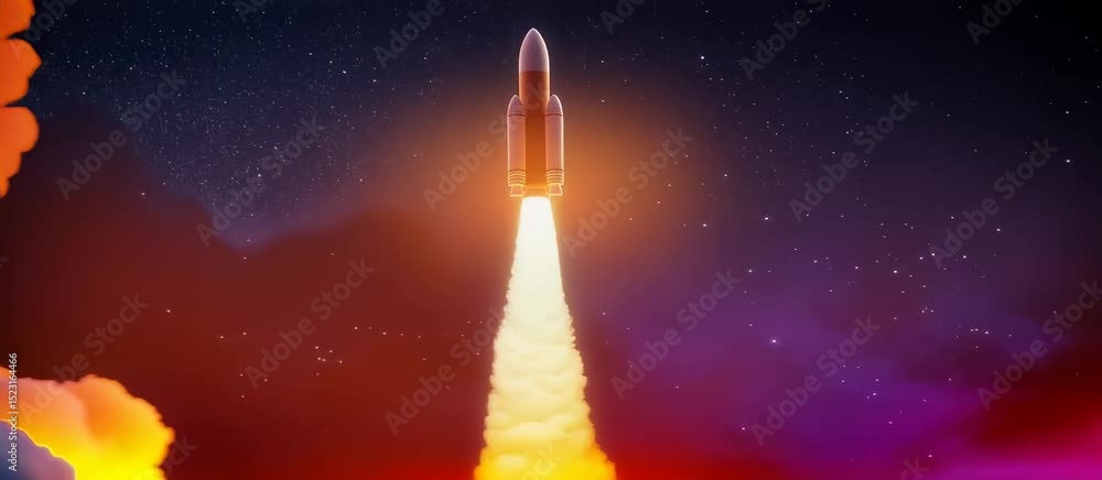 Poster rocket launch animation: vertical ascent with fiery trail through space