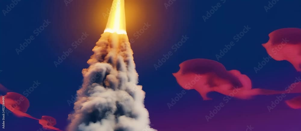 Poster animated rocket launch ascending with fiery trails and dynamic space effects