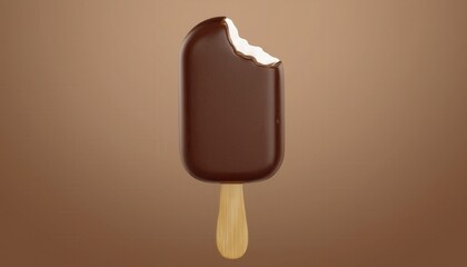 bitten chocolate ice cream bar with creamy vanilla center on wooden stick floating against smooth brown gradient background for dessert branding, minimalist web design, or snack packaging

