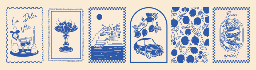 Italy summer print. Hand drawn postcard set. Amalfi, lemon, wine, frame. Blue coast vibe. Vintage travel style. Simple dolce vita look. © Loya.art