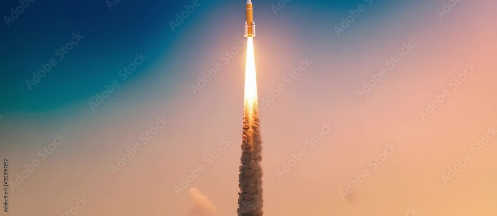 Poster rocket launch animation with fiery trail and dynamic space travel effects