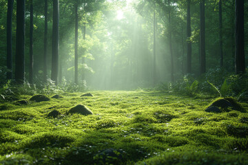 Green forest with tall trees and lush grass.