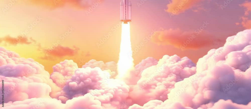 Poster rocket launch through vibrant clouds with fiery trail in dynamic space animation