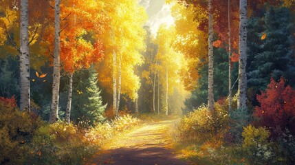 Fototapeta premium Autumn forest path bathed in sunlight (2)