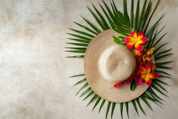 Straw hat decorated with vibrant tropical flowers and palm leaves on light-toned textured stone background. For summer vacation, tropical style, fashion accessories, and holiday concept designs