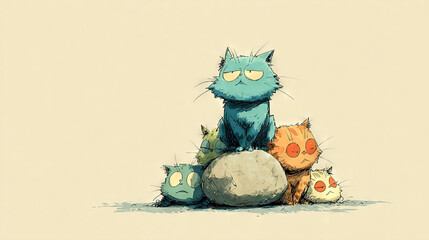  Cat atop rock with smaller cats surrounding it