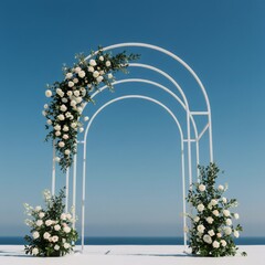 White wedding arch with floral decorations against a clear blue ocean and sky. Outdoor ceremony space for special events.