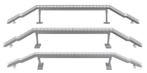 3d rendering of pedestrian overpass bridge with stairs on both sides. Urban infrastructure element made of concrete and metal, isolated on white background.