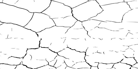 Generate a high-contrast, detailed image of a finely cracked white surface. The cracks should appear as thin, dark lines forming an intricate network across the white background, 