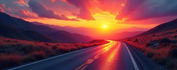 A winding road disappears into a vibrant sunset, symbolizing the unknown possibilities and exciting journey ahead Perfect for concepts of progress, ambition, and the future , road, yellow, potential