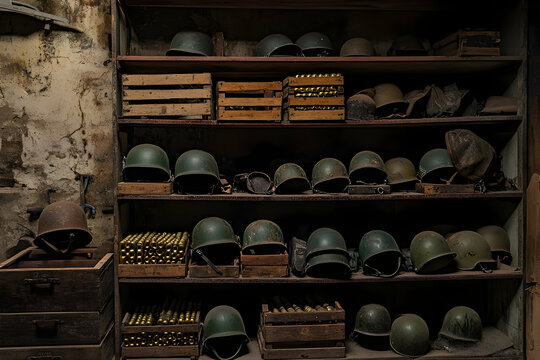 Vintage military storage room with helmets and ammunition on wooden shelves - Powered by Adobe