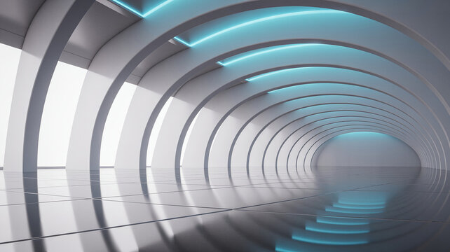 Futuristic architectural tunnel with glowing curved white arches and reflective floor in minimalist 3D interior design

