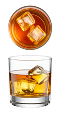 Glass of whiskey with ice cubes on white background