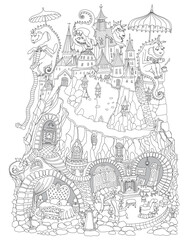 Fototapeta premium Fairy tale Dragons family, old medieval castle and underground cave apartment. Vector coloring book page