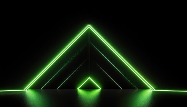 glowing green neon triangle with futuristic laser lines on black background for tech poster, digital wallpaper, edm album cover, or cyber themed branding concept

