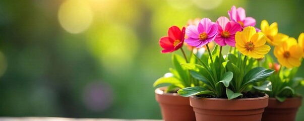 A cheerful springtime scene featuring colorful flowers freshly planted in a terracotta pot, ready to bloom Sunlight illuminates the vibrant blossoms and lush green leaves , planting flowers, green