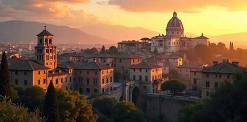 Fototapeta premium Serene Roman cityscape at dawn, bathed in golden light, perfect for meditation and tranquility Ancient architecture and peaceful atmosphere evoke inner calm , yoga, meditation practice, reflective