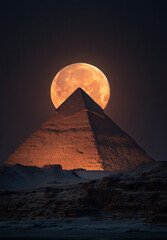 A glowing full moon dramatically rises directly behind an illuminated pyramid at night, casting surreal light on ancient ruins.