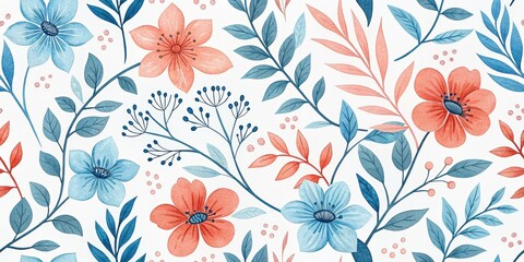 Delicate Floral Pattern with Blue and Peach Flowers and Green Leaves on White Background Showcasing Botanical Elegance in Watercolor Style