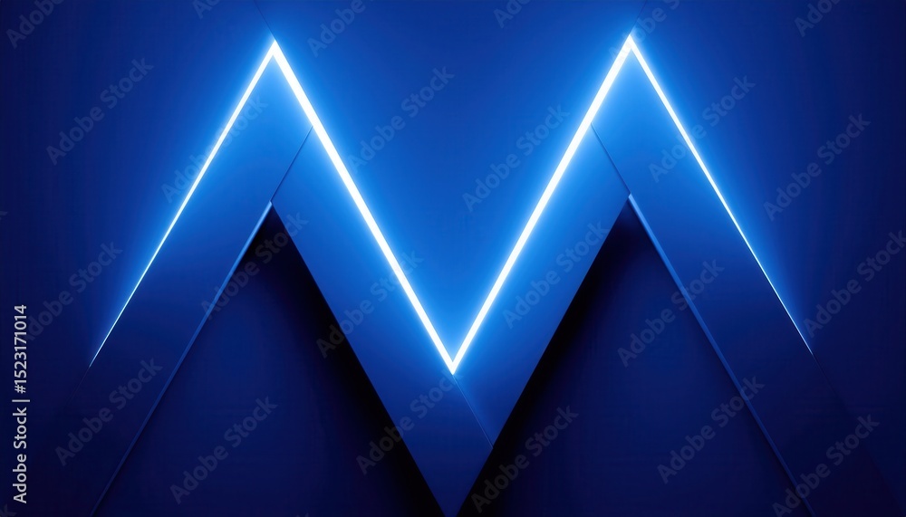 Poster futuristic blue zigzag neon light on faceted wall surface for tech branding, digital product backgro