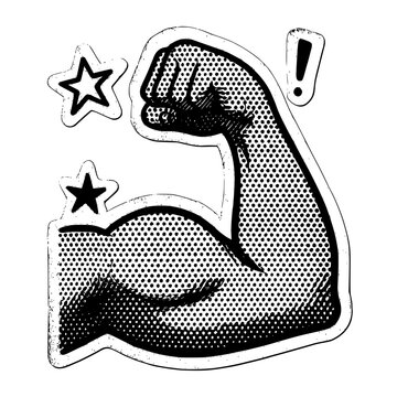 Grunge punk-style flexed biceps emoji hand in halftone black and white. Retro cut-out collage with doodles and dotted texture. Modern vector design.