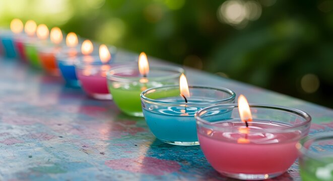 Row of Burning Colorful Tealight Candles: Bright Flame in Glass Holders with Blurred Green Background