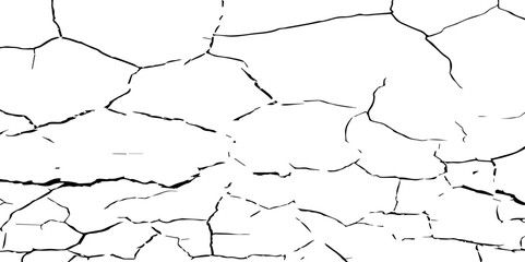 Create a high-contrast black and white image of a network of fine cracks on a white surface. The cracks should appear as thin, irregular black lines branching and intersecting across the frame, 