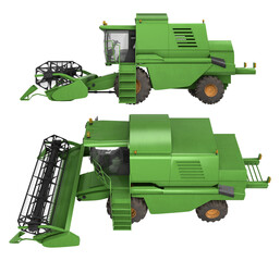 Green combine harvester agricultural machinery isolated on white background. 3d rendering