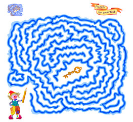 Best labyrinths. Can you help the clown find the way to the golden key? Logic puzzle game for children. Brain teaser book with maze. Educational page. Kids activity sheet. Flat vector illustration.