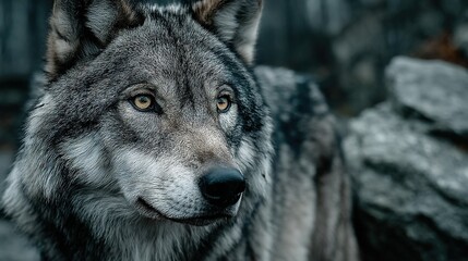 Fototapeta premium A close-up photo of a wolf's face with a hazy image of the wolf's face in the backdrop
