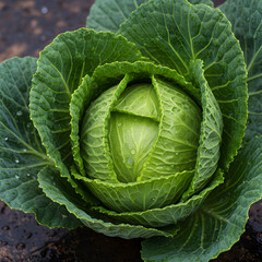 Obraz premium Fresh Green Cabbage: Close-Up View of a Head of Cabbage with Water Droplets