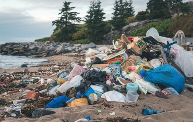 Garbage and plastics on the beach, Trash on the beach, Beach pollution