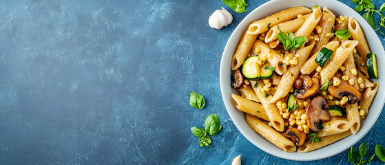 Creamy Mushroom And Zucchini Penne Pasta Dish In White Bowl