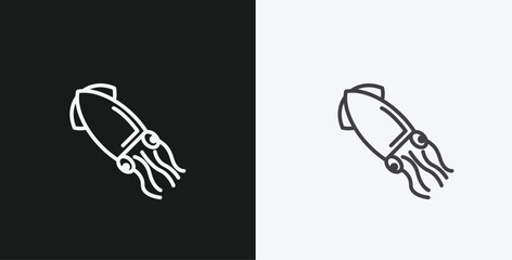 Squid or Calamari on Black and White Backgrounds, Representing Seafood or Marine Life, White Outline Icon