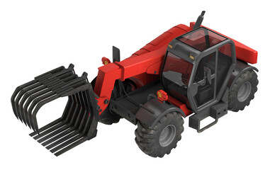 3d rendering of red telescopic handler with grapple bucket. Heavy construction and agricultural machine for lifting, loading and material handling. Isolated on white background.