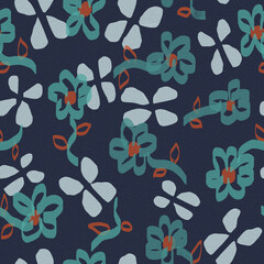 Brush stroke line drawing seamless pattern illustration of flowers and butterflies on a dark blue grain background.
