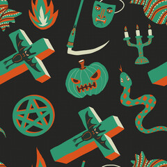 Halloween ornament seamless pattern illustration on a black surface dot background.