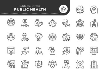 Public health line icon set. Healthcare, social medicine, community health, health protection, disease prevention, vaccination, and moe . Outline icon in linear style. Vector collection.	