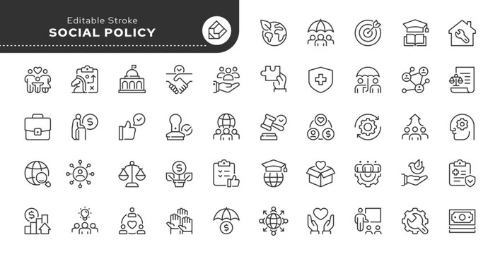 Social policy line icon set. Social services, health care, education, family, insurance, protection of rights, society, legislation and more. Outline icon in linear style. Vector collection.	